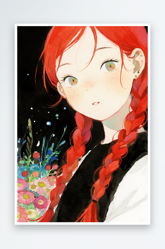 一个扎着超长的红色麻花辫的女生插画风格甜-众图网