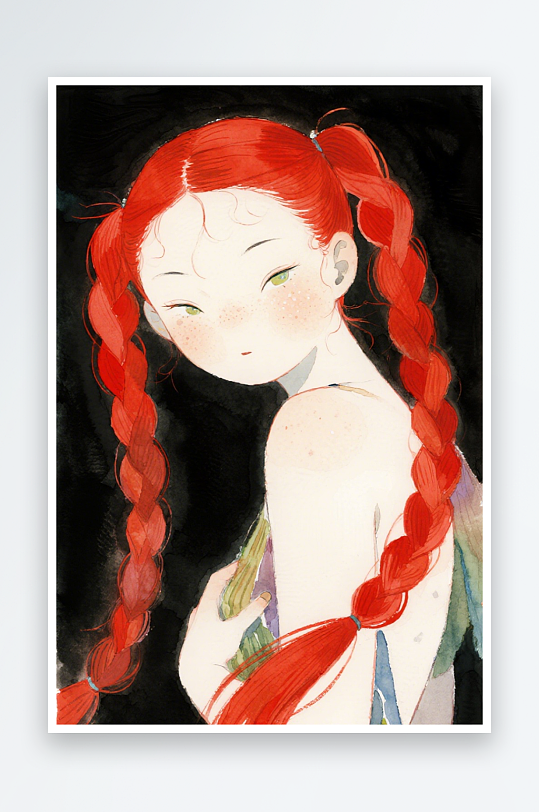 一个扎着超长的红色麻花辫的女生插画风格甜-众图网