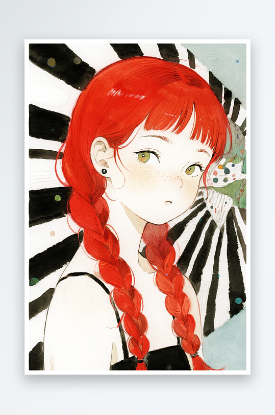 一个扎着超长的红色麻花辫的女生插画风格甜-众图网