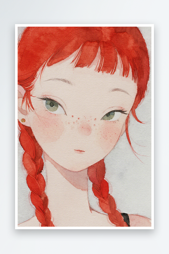 一个扎着超长的红色麻花辫的女生插画风格甜-众图网