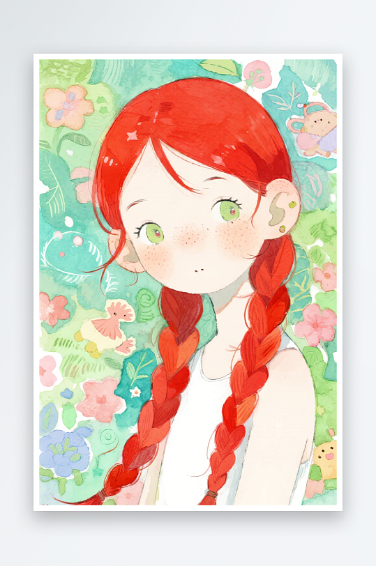 一个扎着超长的红色麻花辫的女生插画风格甜-众图网