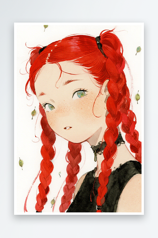 一个扎着超长的红色麻花辫的女生插画风格甜-众图网