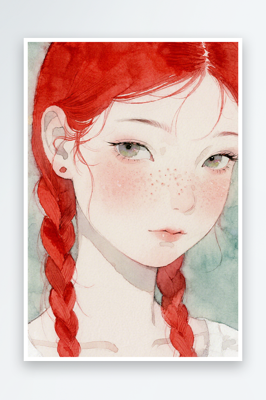 一个扎着超长的红色麻花辫的女生插画风格甜-众图网