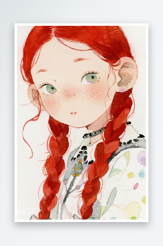 一个扎着超长的红色麻花辫的女生插画风格甜-众图网