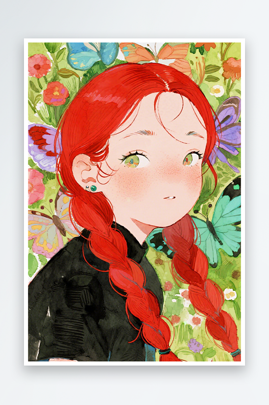 一个扎着超长的红色麻花辫的女生插画风格甜-众图网