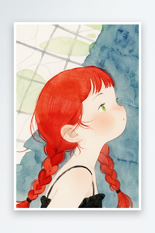 一个扎着超长的红色麻花辫的女生插画风格甜-众图网