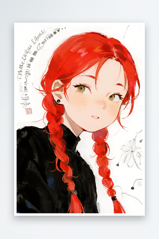 一个扎着超长的红色麻花辫的女生插画风格甜-众图网