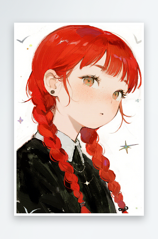 一个扎着超长的红色麻花辫的女生插画风格甜-众图网