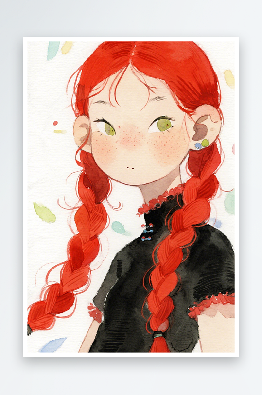 一个扎着超长的红色麻花辫的女生插画风格甜-众图网