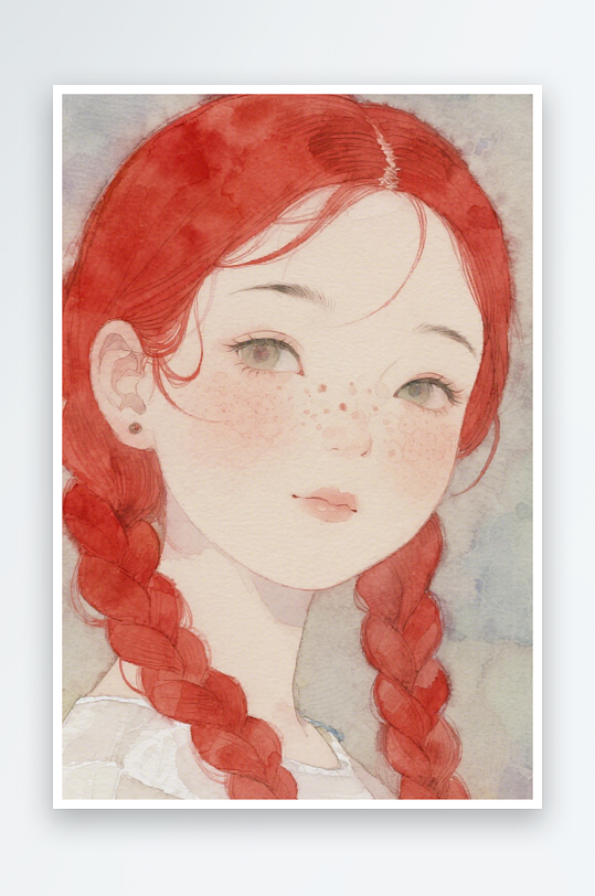 一个扎着超长的红色麻花辫的女生插画风格甜-众图网