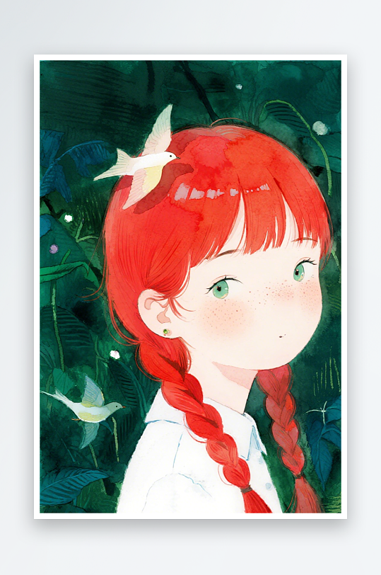 一个扎着超长的红色麻花辫的女生插画风格甜-众图网