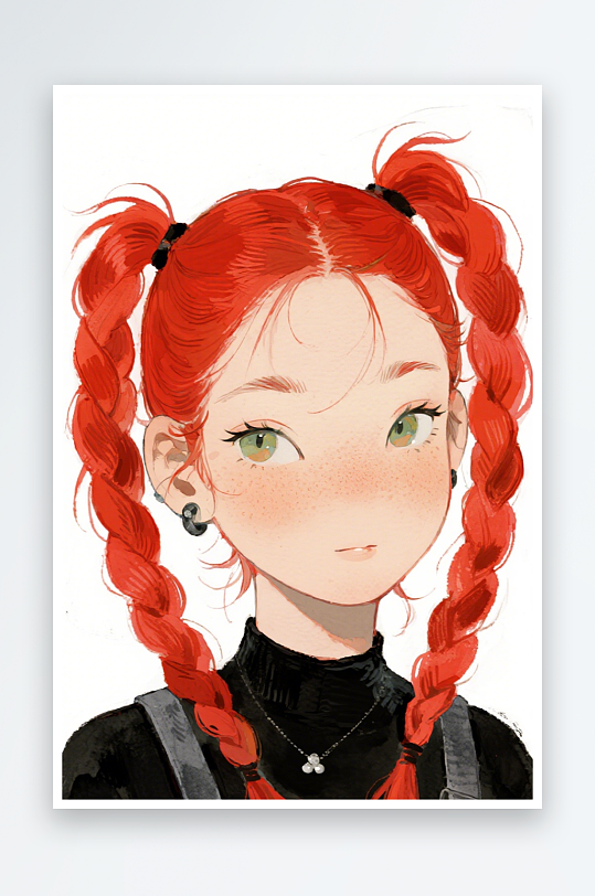 一个扎着超长的红色麻花辫的女生插画风格甜-众图网