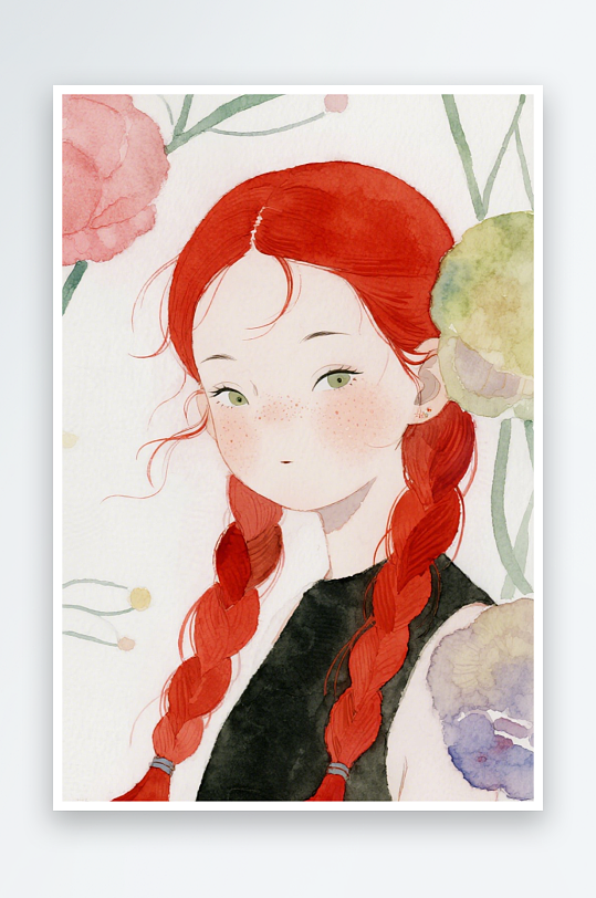 一个扎着超长的红色麻花辫的女生插画风格甜-众图网