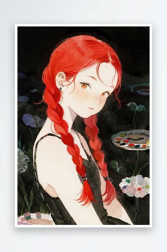 一个扎着超长的红色麻花辫的女生插画风格甜-众图网