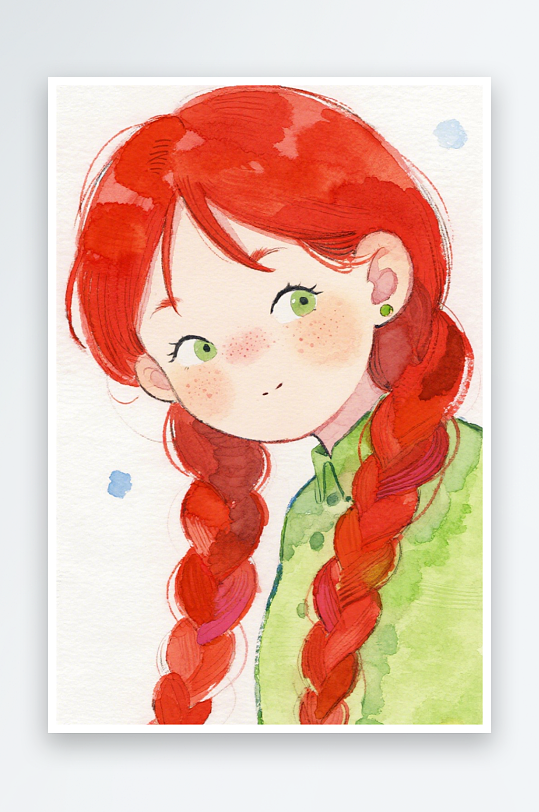 一个扎着超长的红色麻花辫的女生插画风格甜-众图网