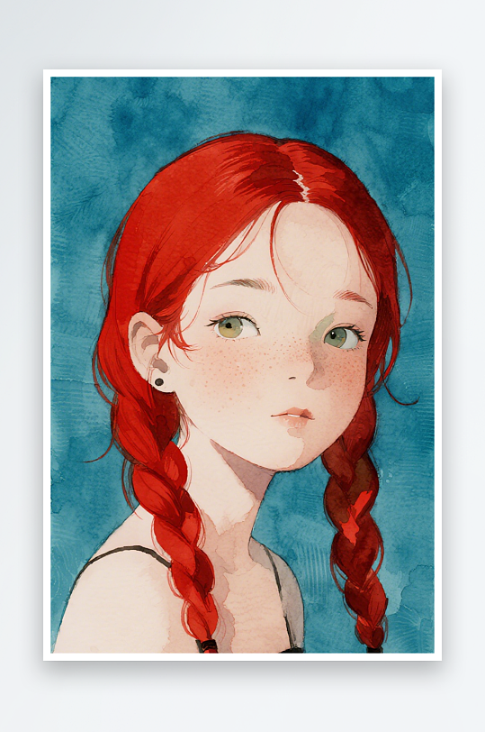 一个扎着超长的红色麻花辫的女生插画风格甜-众图网