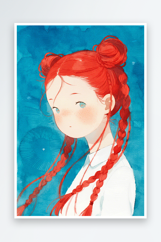 一个扎着超长的红色麻花辫的女生插画风格甜-众图网