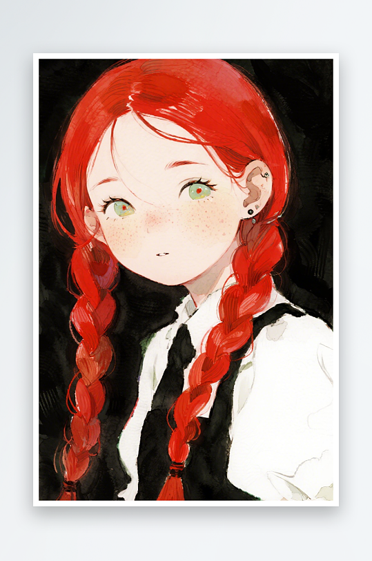 一个扎着超长的红色麻花辫的女生插画风格甜-众图网