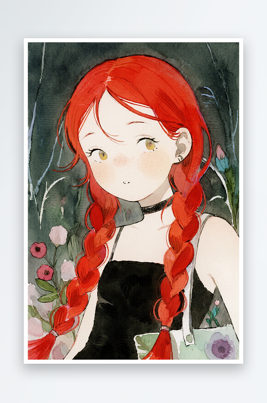 一个扎着超长的红色麻花辫的女生插画风格甜-众图网