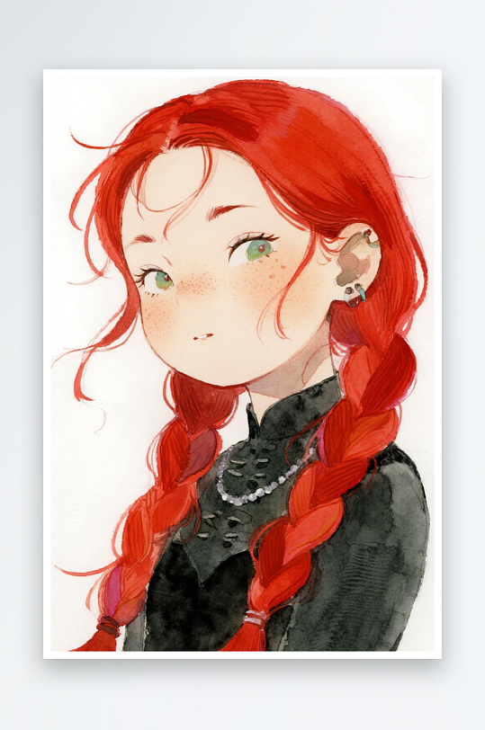 一个扎着超长的红色麻花辫的女生插画风格甜-众图网