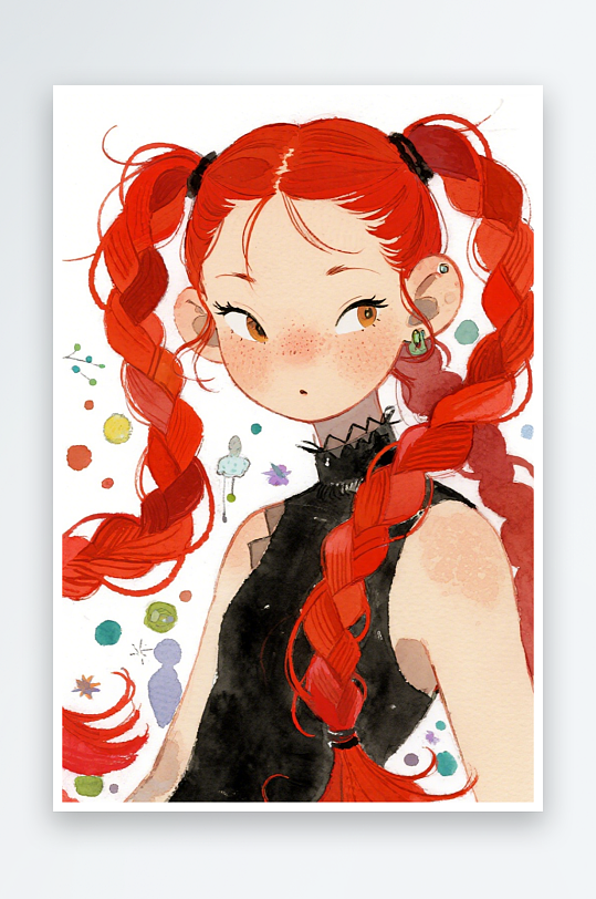 一个扎着超长的红色麻花辫的女生插画风格甜-众图网