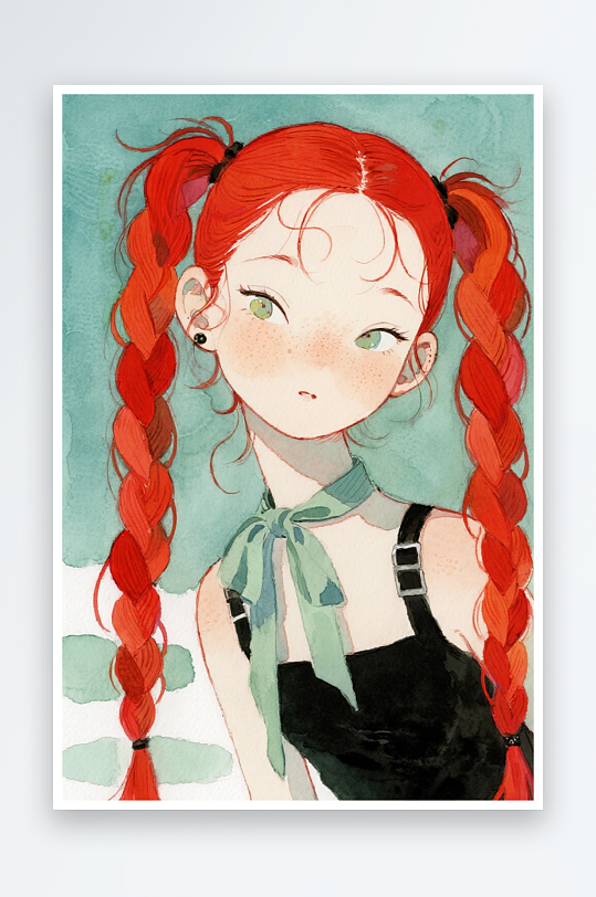 一个扎着超长的红色麻花辫的女生插画风格甜-众图网