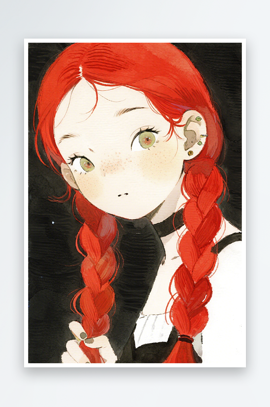一个扎着超长的红色麻花辫的女生插画风格甜-众图网