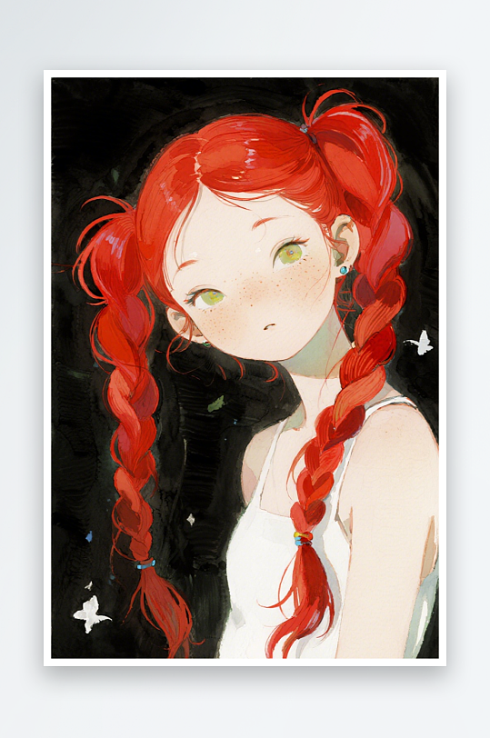 一个扎着超长的红色麻花辫的女生插画风格甜-众图网