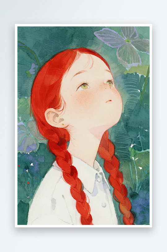 一个扎着超长的红色麻花辫的女生插画风格甜-众图网