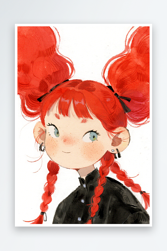 一个扎着超长的红色麻花辫的女生插画风格甜-众图网