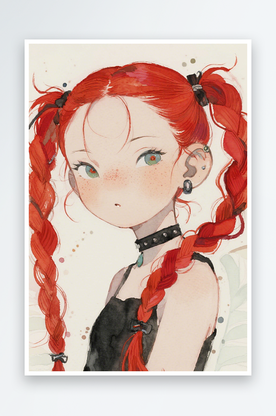 一个扎着超长的红色麻花辫的女生插画风格甜-众图网