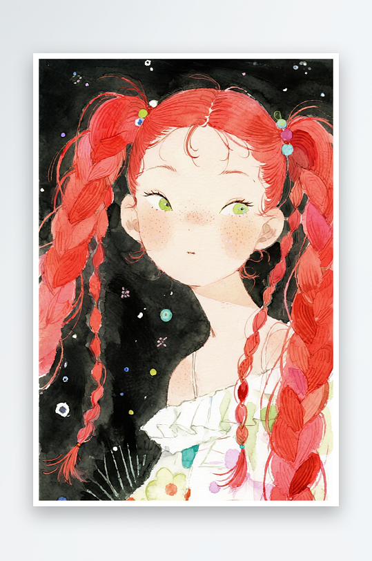 一个扎着超长的红色麻花辫的女生插画风格甜-众图网