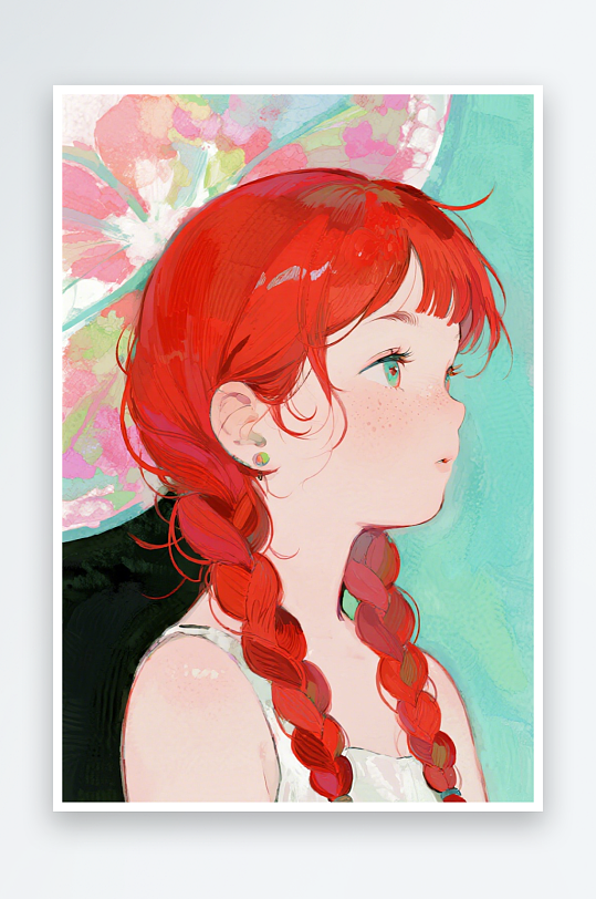 一个扎着超长的红色麻花辫的女生插画风格甜-众图网