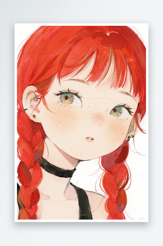 一个扎着超长的红色麻花辫的女生插画风格甜-众图网