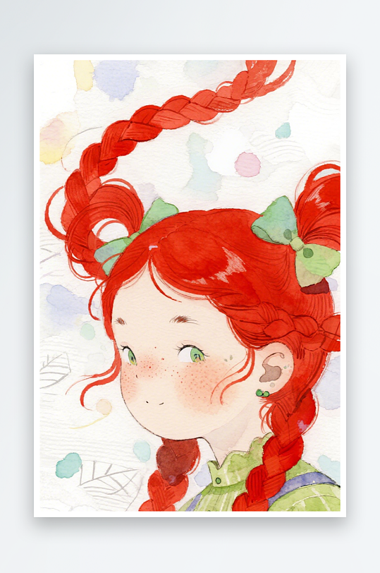 一个扎着超长的红色麻花辫的女生插画风格甜-众图网