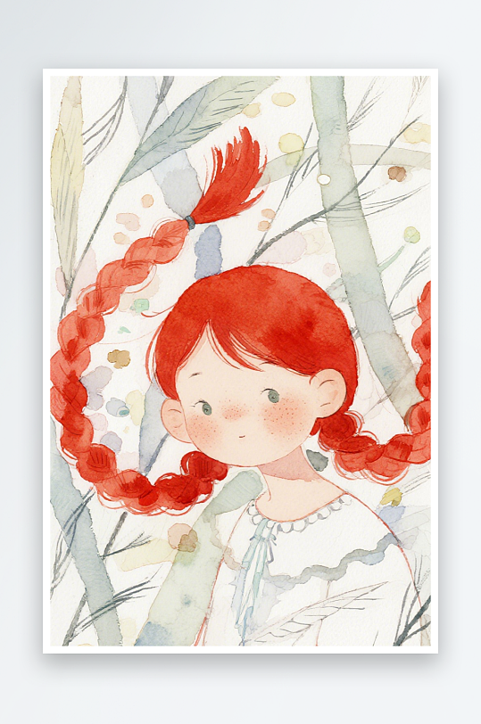 一个扎着超长的红色麻花辫的女生插画风格甜-众图网