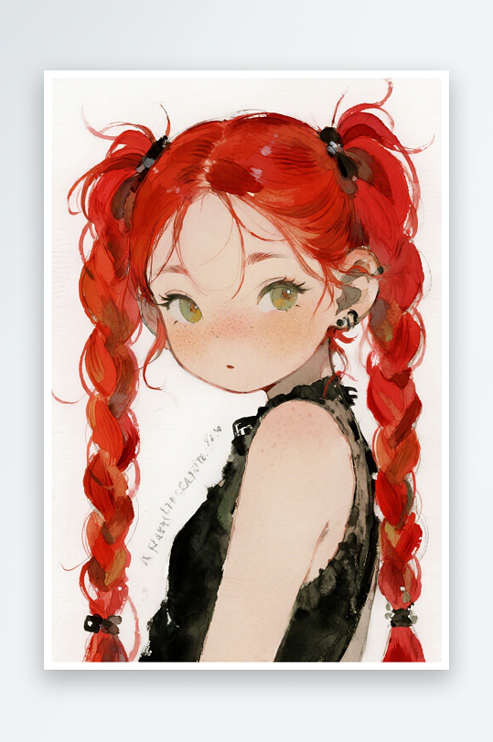 一个扎着超长的红色麻花辫的女生插画风格甜-众图网