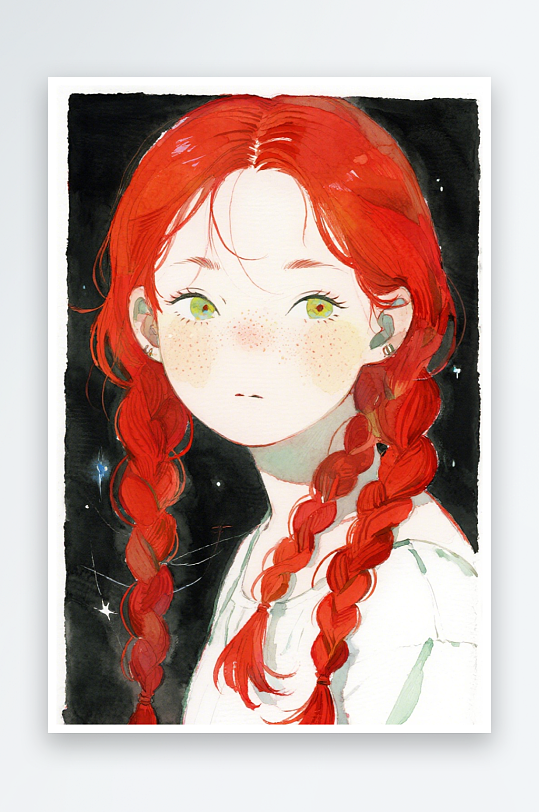 一个扎着超长的红色麻花辫的女生插画风格甜-众图网