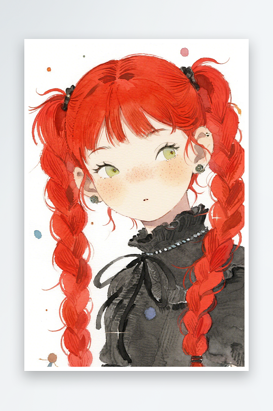 一个扎着超长的红色麻花辫的女生插画风格甜-众图网