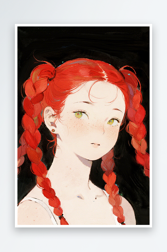 一个扎着超长的红色麻花辫的女生插画风格甜-众图网
