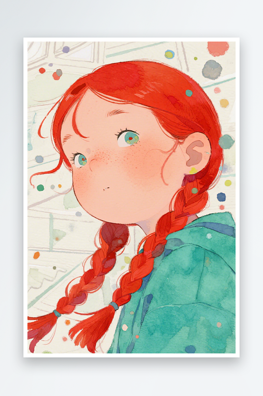 一个扎着超长的红色麻花辫的女生插画风格甜-众图网