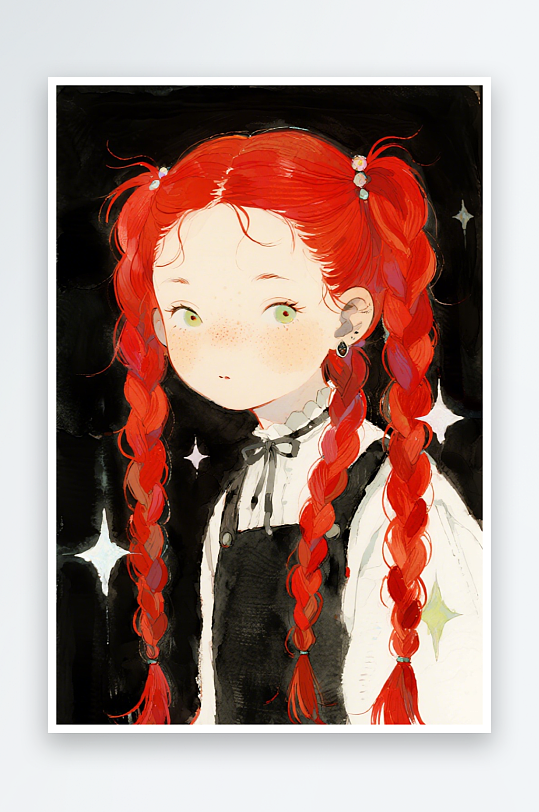 一个扎着超长的红色麻花辫的女生插画风格甜-众图网
