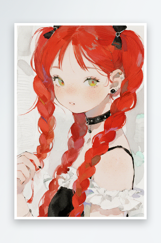 一个扎着超长的红色麻花辫的女生插画风格甜-众图网