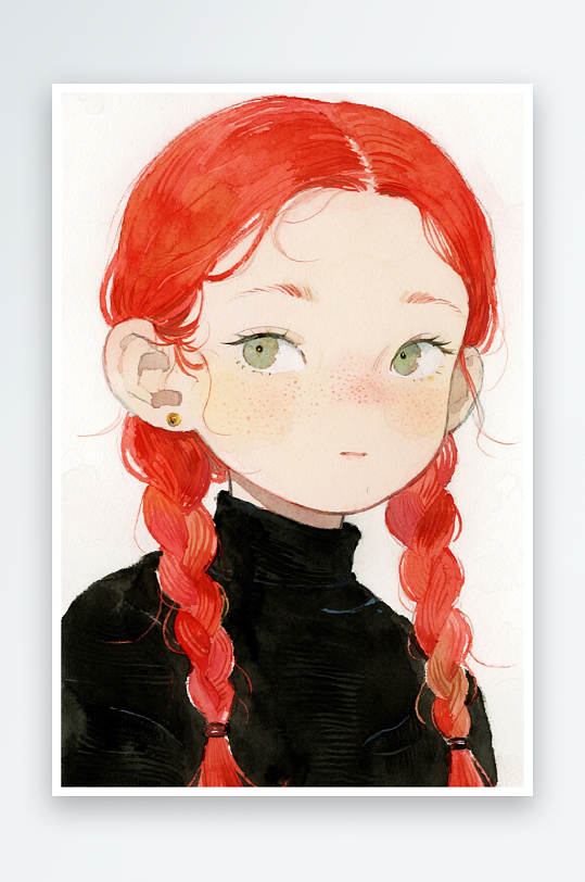一个扎着超长的红色麻花辫的女生插画风格甜-众图网