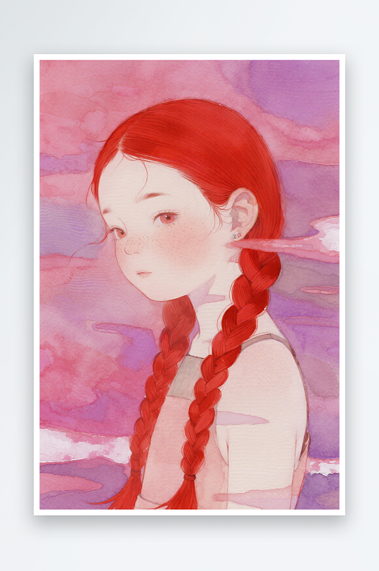 一个扎着超长的红色麻花辫的女生插画风格甜-众图网