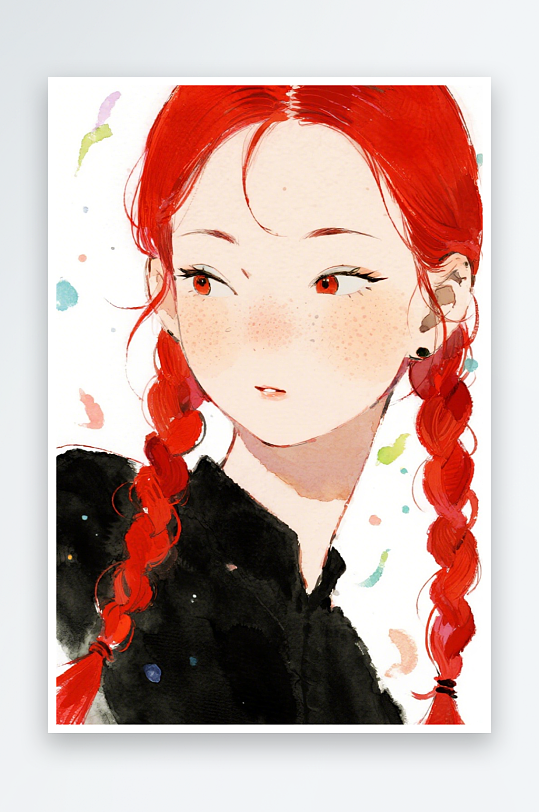 一个扎着超长的红色麻花辫的女生插画风格甜-众图网