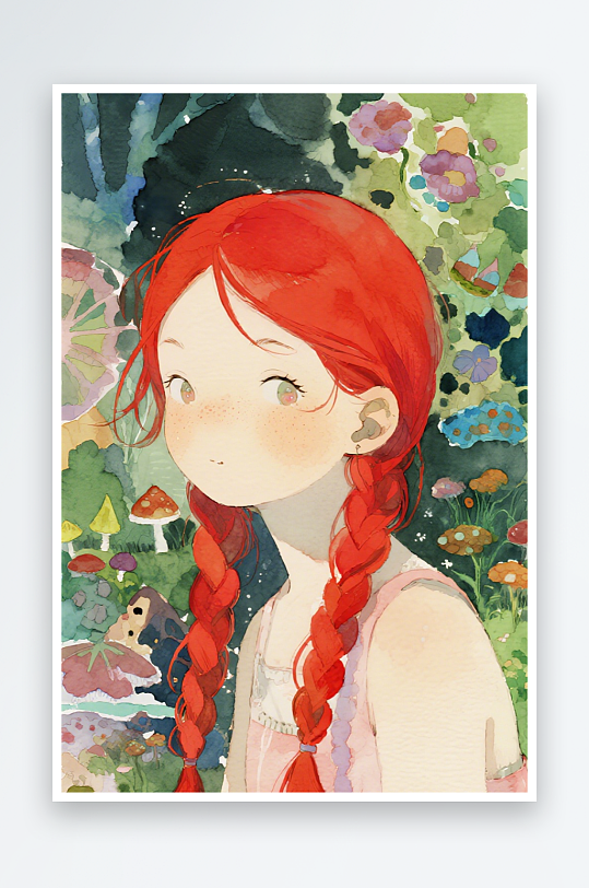 一个扎着超长的红色麻花辫的女生插画风格甜-众图网