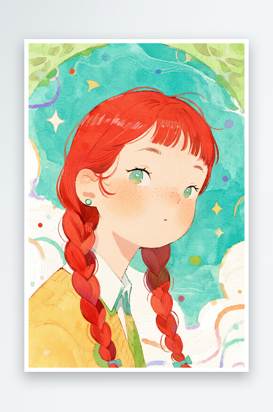 一个扎着超长的红色麻花辫的女生插画风格甜-众图网
