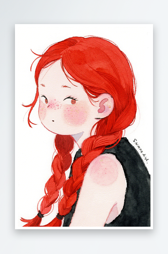 一个扎着超长的红色麻花辫的女生插画风格甜-众图网