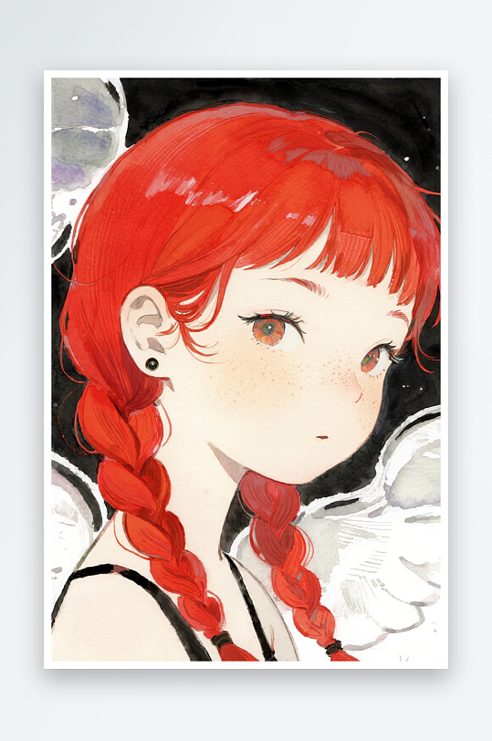 一个扎着超长的红色麻花辫的女生插画风格甜-众图网